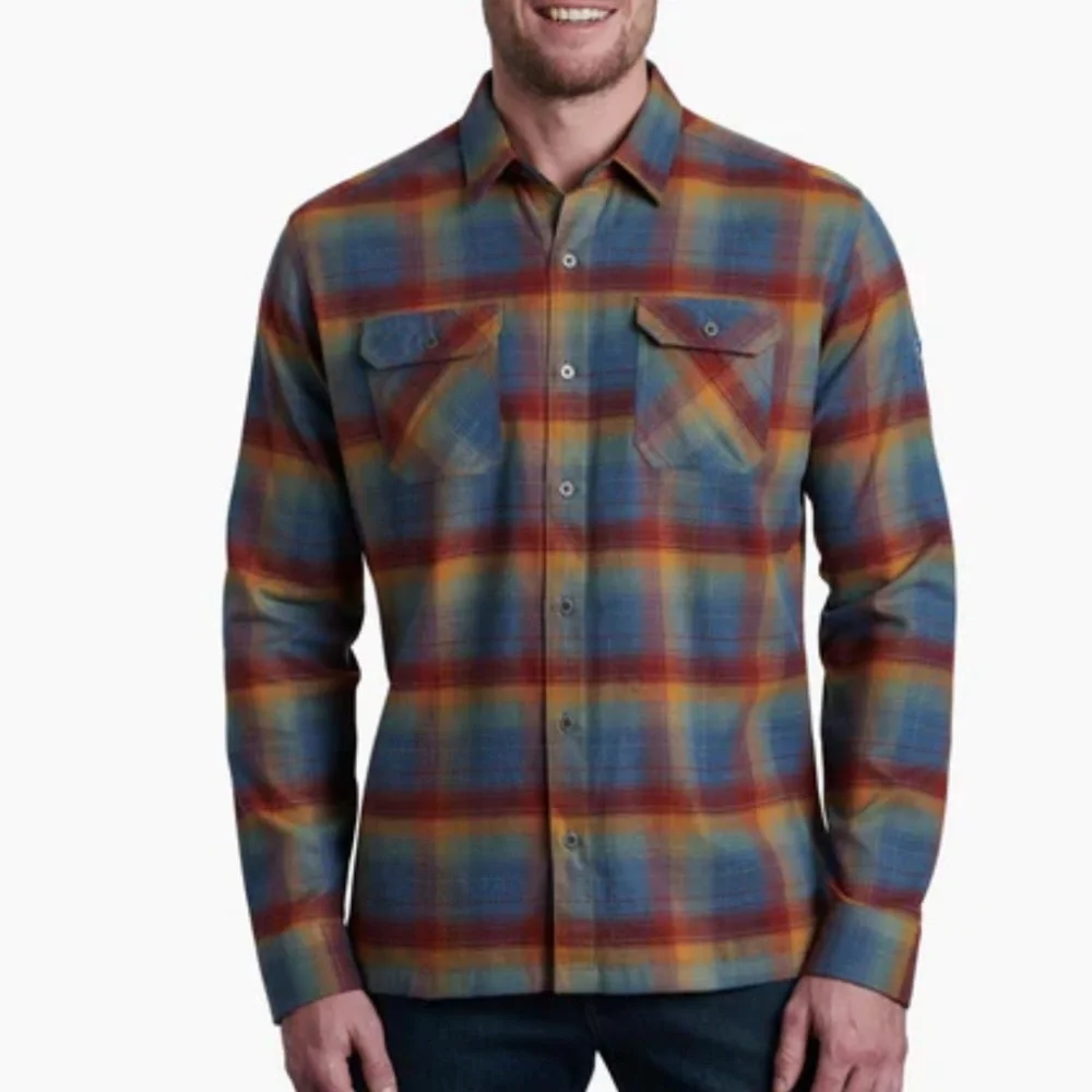 Kuhl Men's Dillingr Plaid Flannel Casual Button Down Shirt Blue Red Yellow small